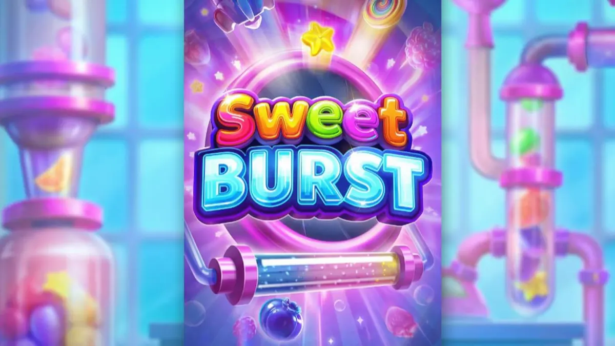 Tampilan layar permainan slot Sweet Burst dengan tema laboratorium permen futuristik